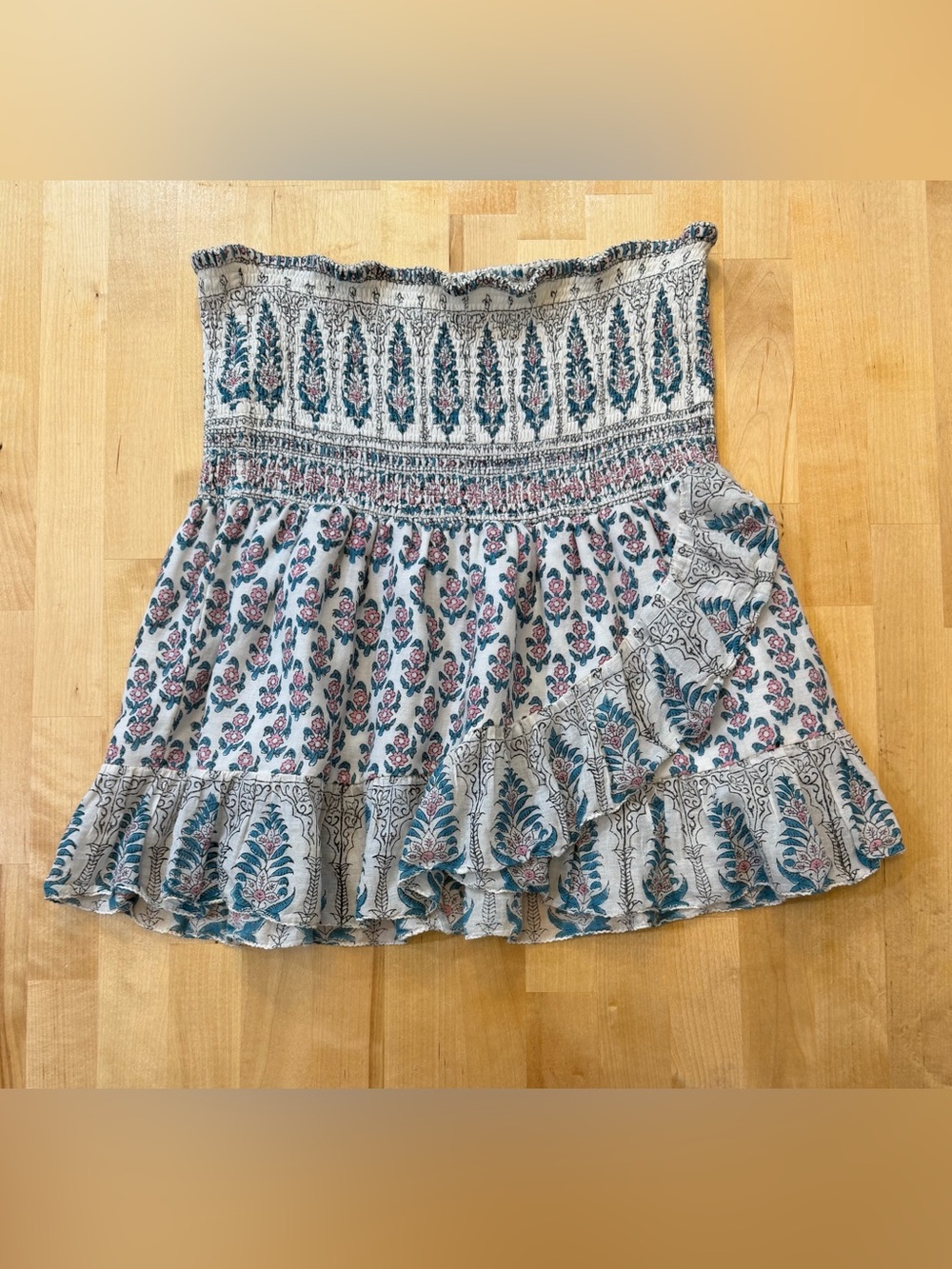 BELL by Alicia Bell Smocked Boho Block Print Ruffle Mini Skirt